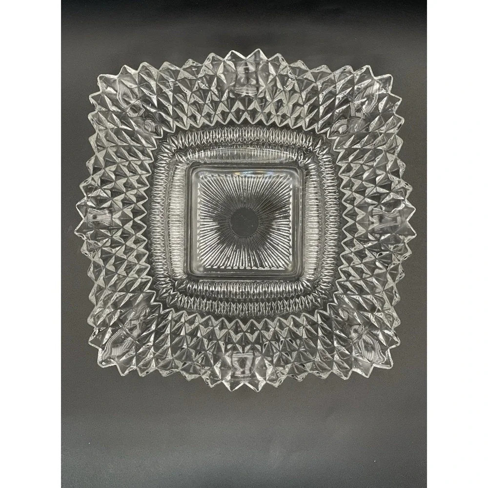 Diamond Point Square Glass‎ Bowl Clear Sunburst Center 7 Inch